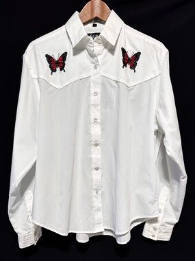 White Horse Butterfly Embroidered Western Snap Shirt White L
